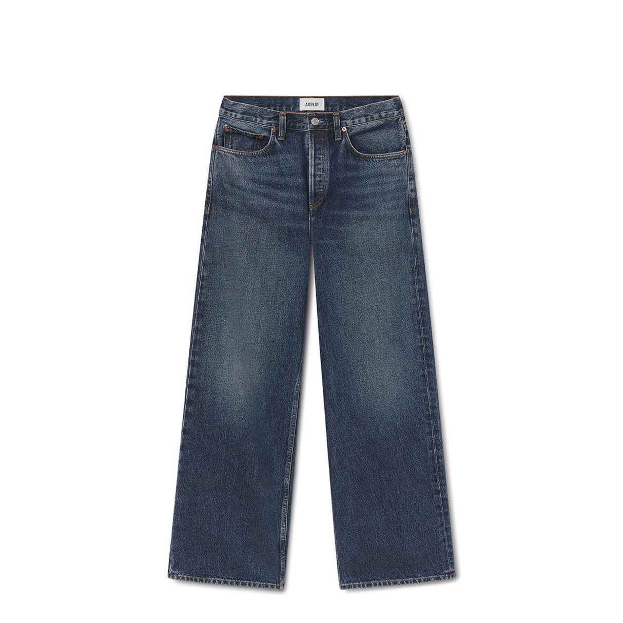 A pair of dark blue denim jeans with a straight-leg fit, shown flat against a plain white background.