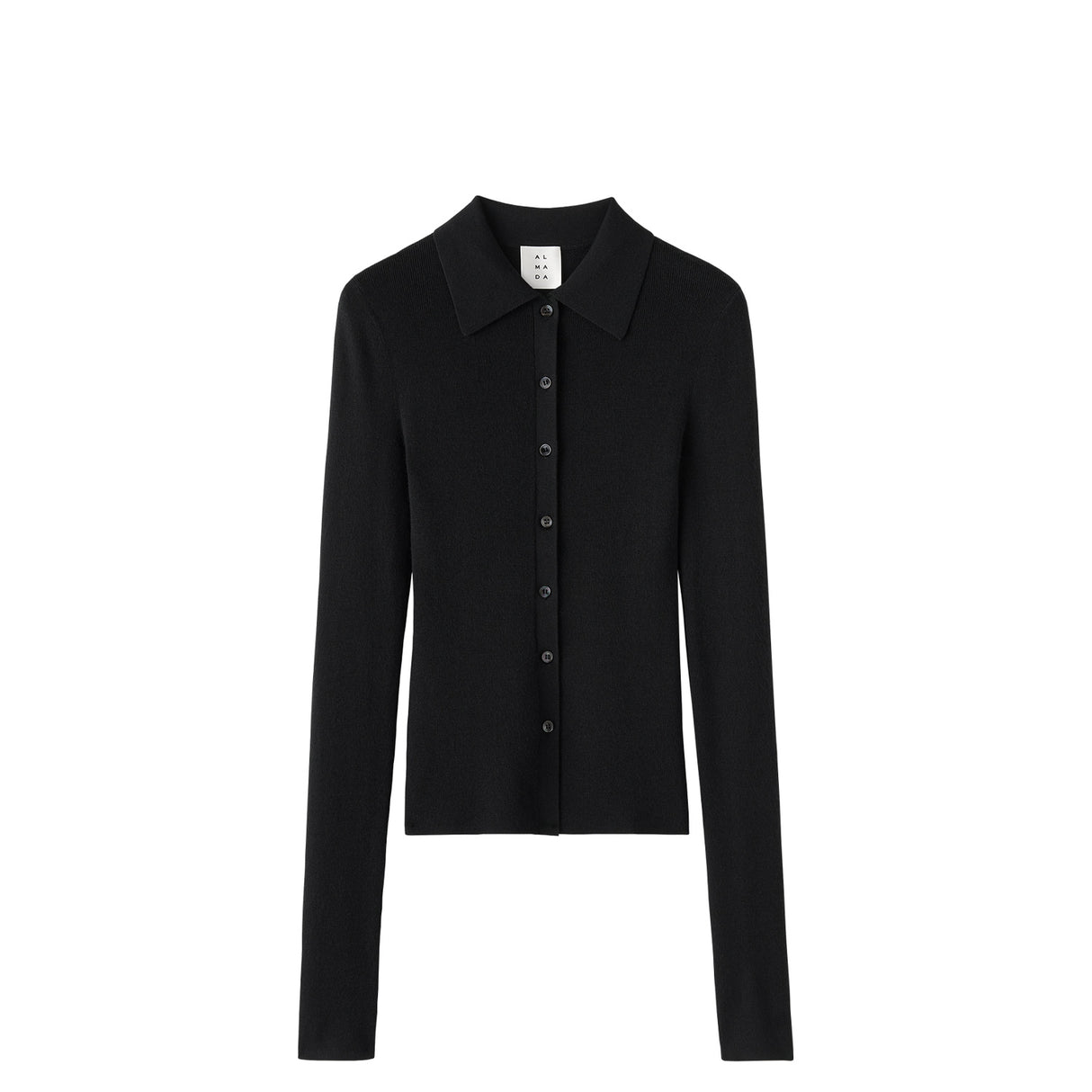 Black button-up shirt on a white background