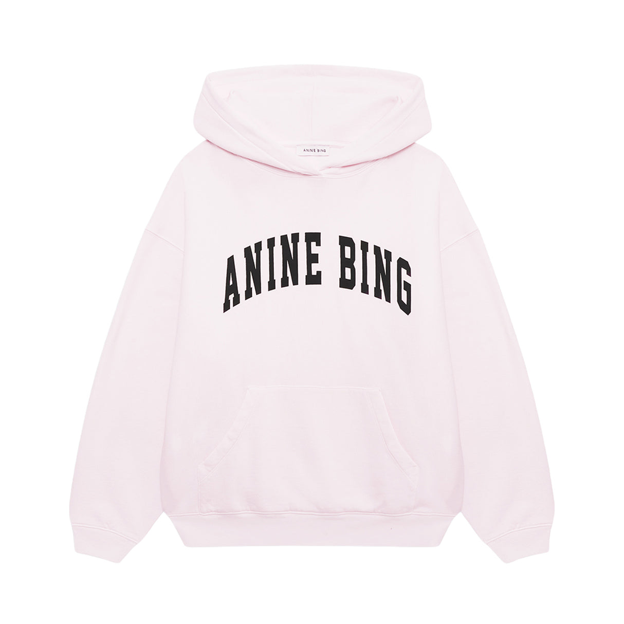 Pink hoodie with 'ANINE BING' text on a white background