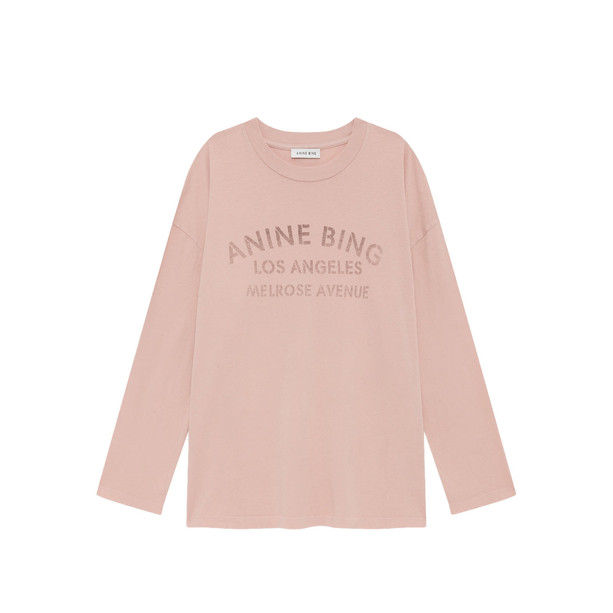 Pink long-sleeve shirt with 'Anine Bing Los Angeles' text on a white background