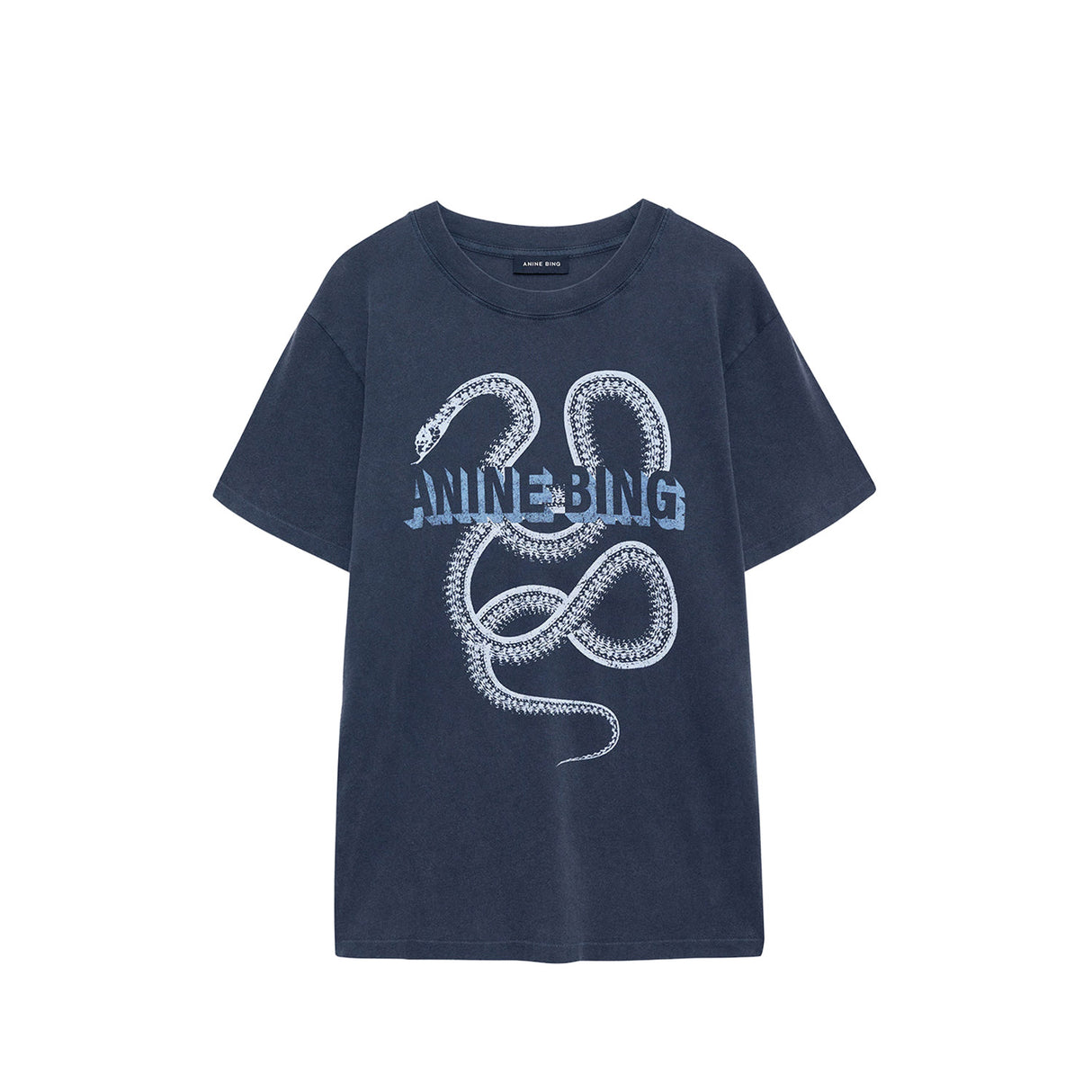 Washed black t-shirt with white snake graphic and text on a white background