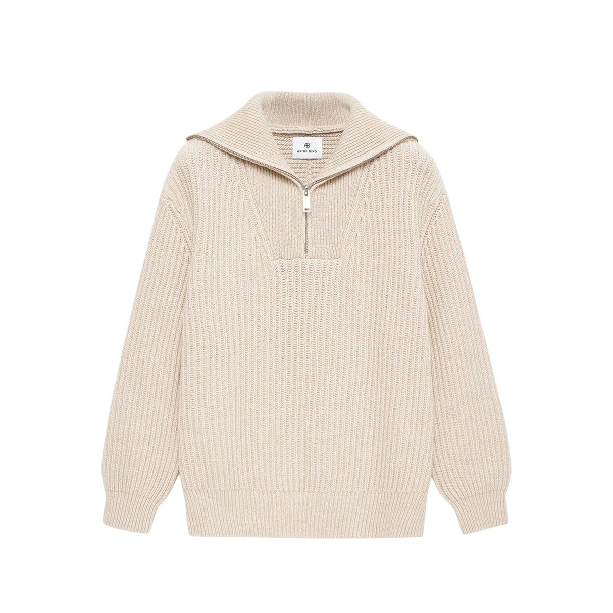 Beige ribbed sweater with a quarter zip on a white background