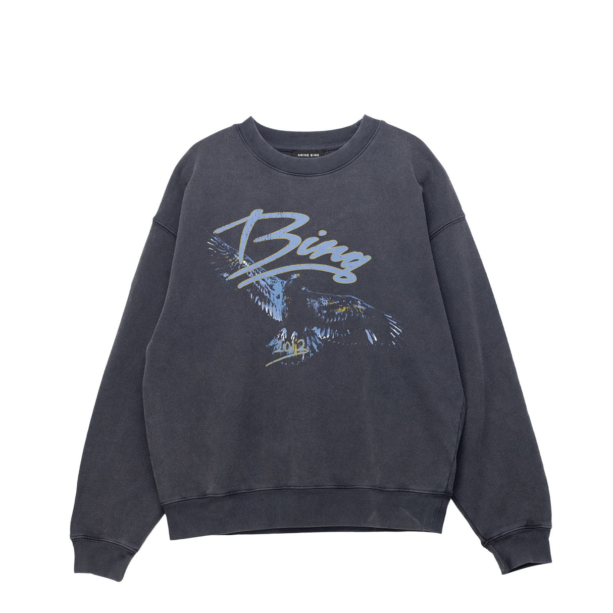 Dark gray sweatshirt with graphic design on a white background