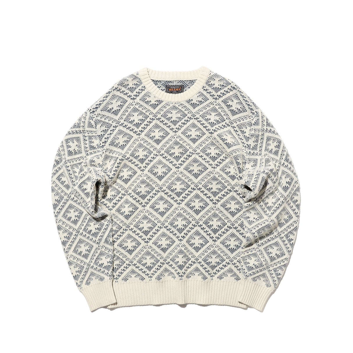 Beams+ CREW DOUBLE JACQUARD INDIGO YARN, White/Indigo