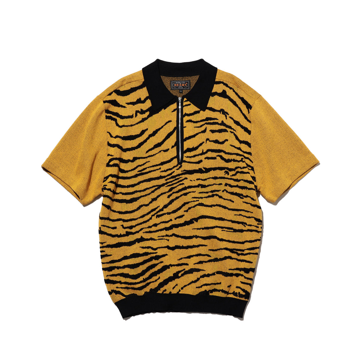 Beams+ HALF ZIP KNIT POLO ANIMAL JACQUAR, Tiger