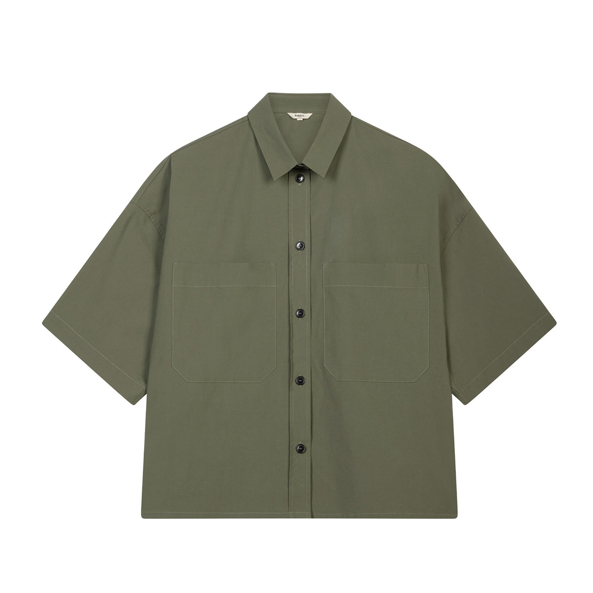 Green short-sleeve shirt with button details on a white background