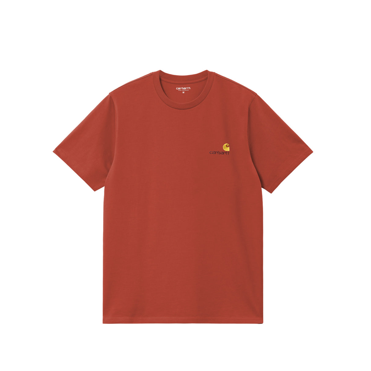 Red t-shirt with a small logo on a white background