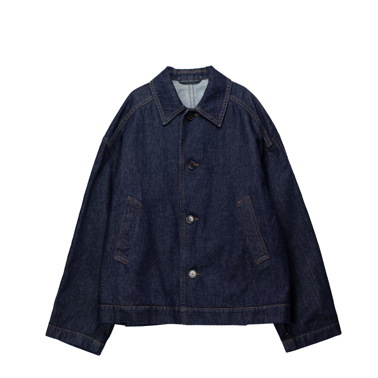 Dark blue denim jacket on a white background