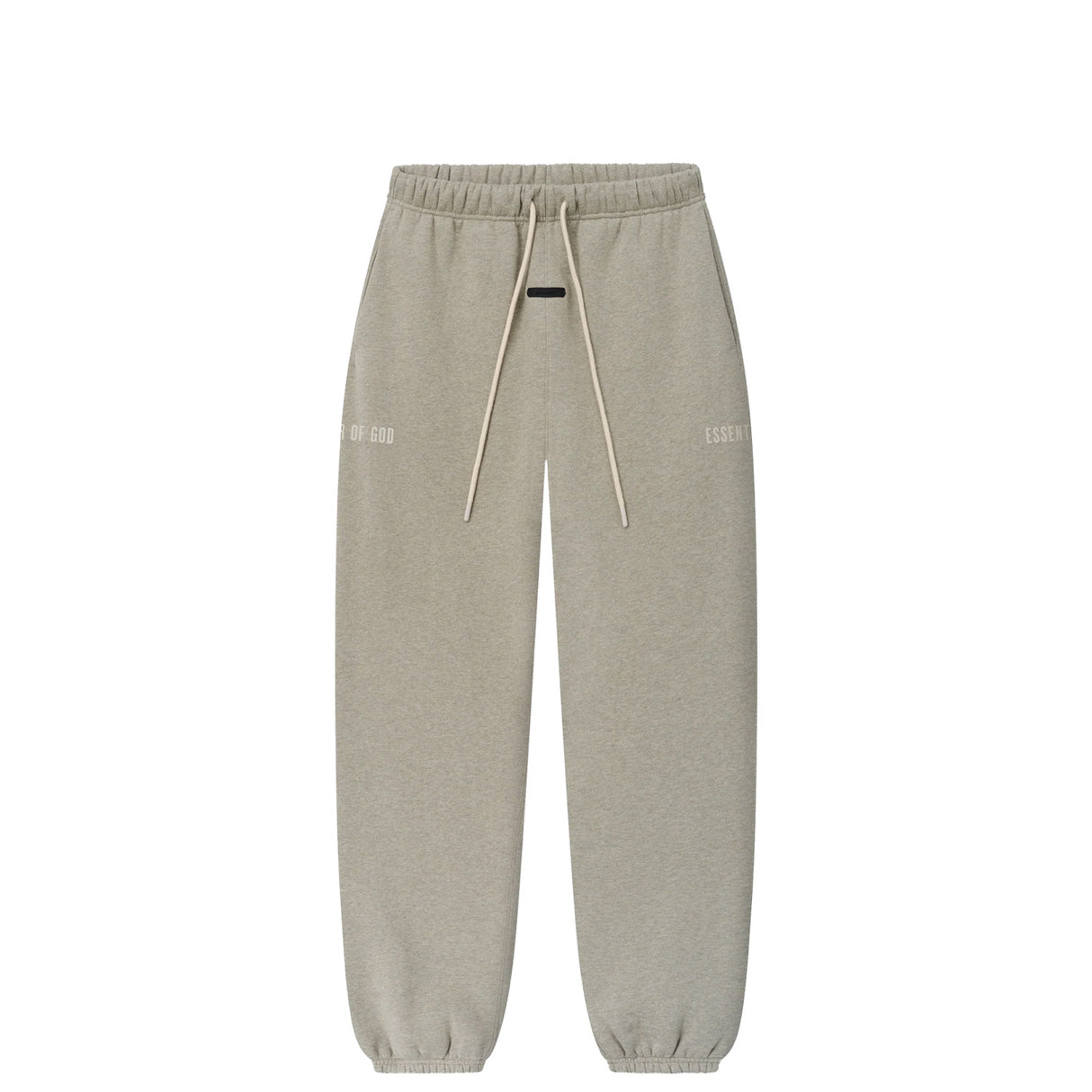 A pair of light gray heather sweatpants with an elastic waistband, matching drawstrings, and subtle tonal text graphics on the upper thighs, shown against a plain white background.