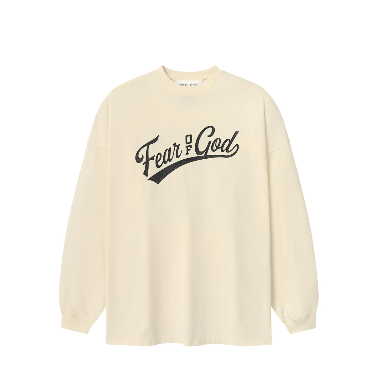 An oversized cream-colored long-sleeve t-shirt with 'Fear & God' printed in black script across the chest, displayed on a clean white background.