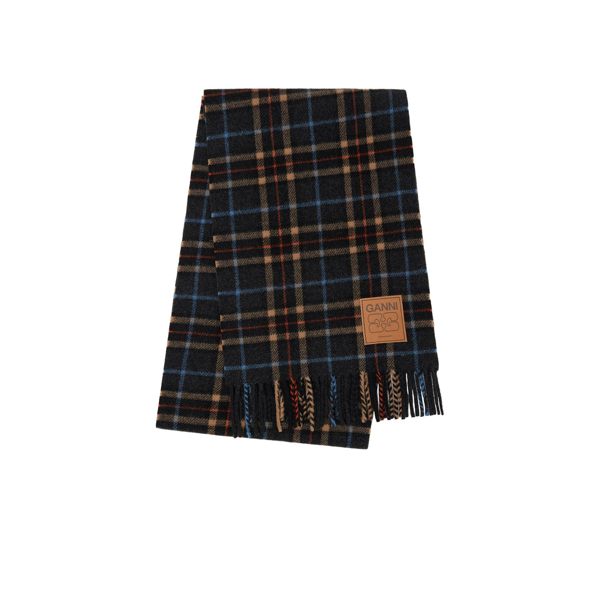 GANNI A6933 WOOL CHECK SCARF, Charcoal Grey