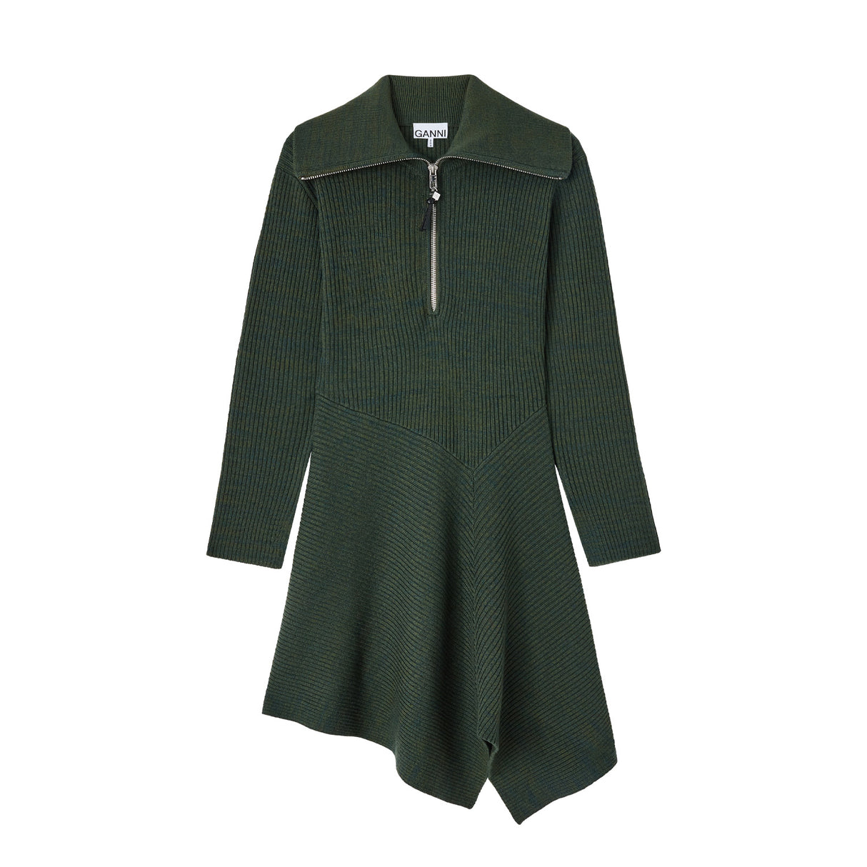 Ganni RIBBED MERINO ZIP DRESS, Dark Green