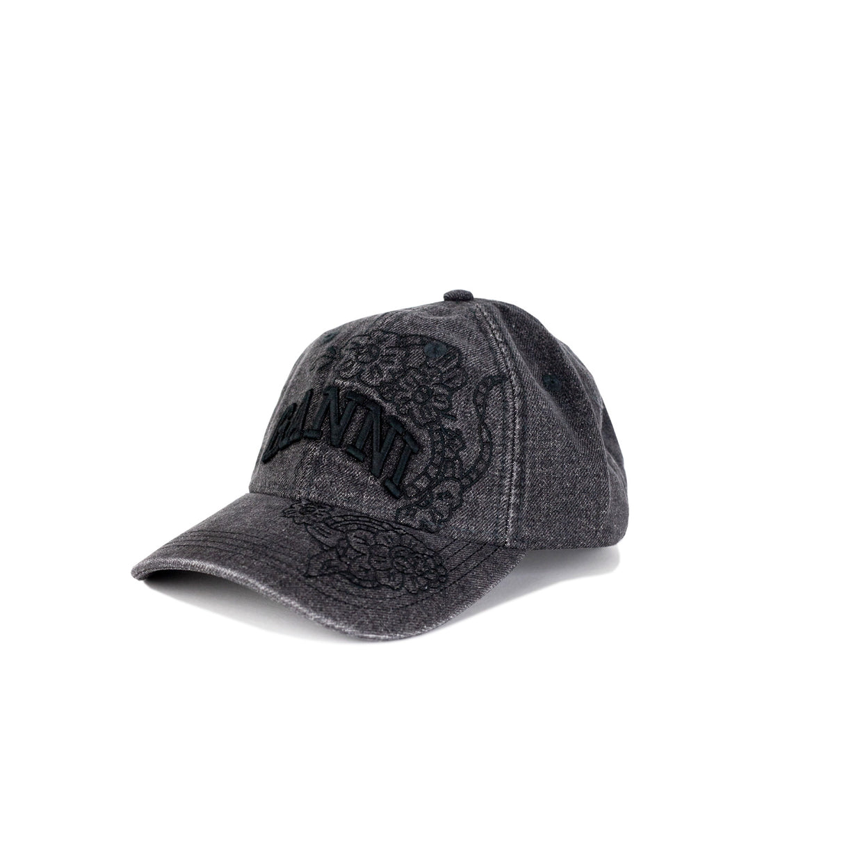 Ganni WASHED EMPROIDERY DENIM CAP, Black Washed