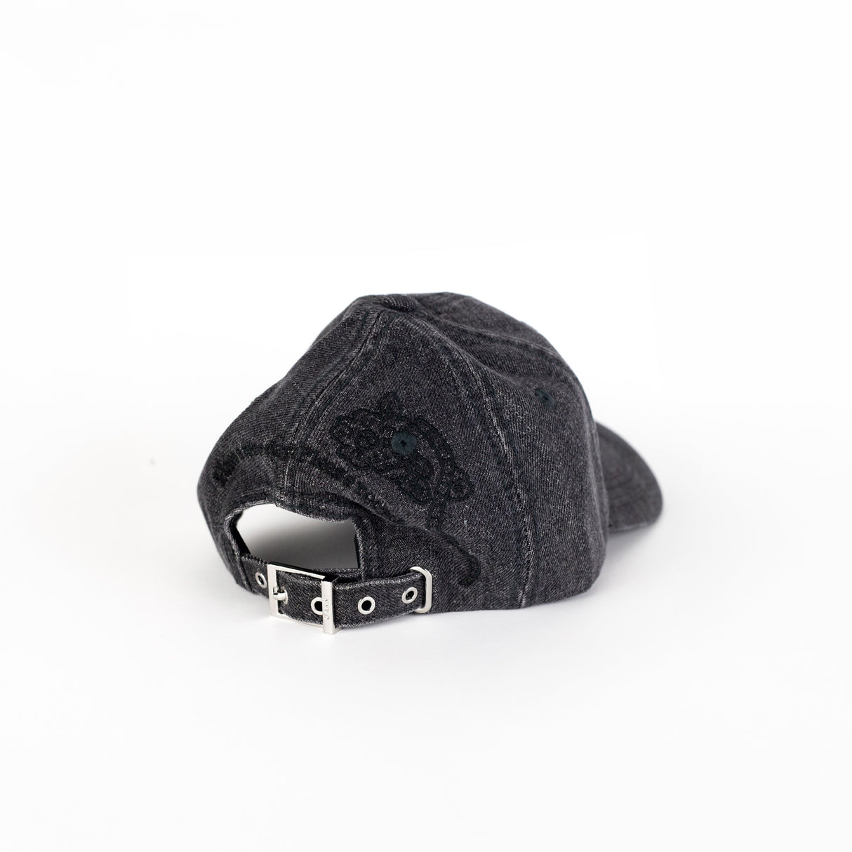 Ganni WASHED EMPROIDERY DENIM CAP, Black Washed
