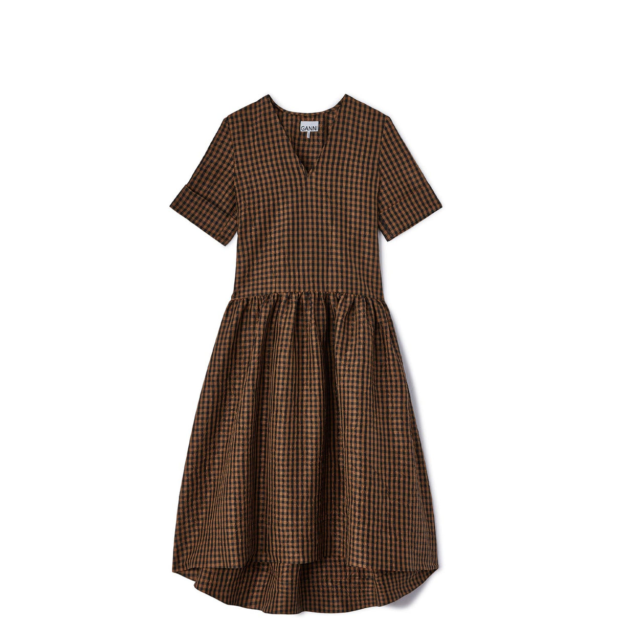 CRINKLED TAFFETA CHECK LONG DRESS, Tobacco Brown