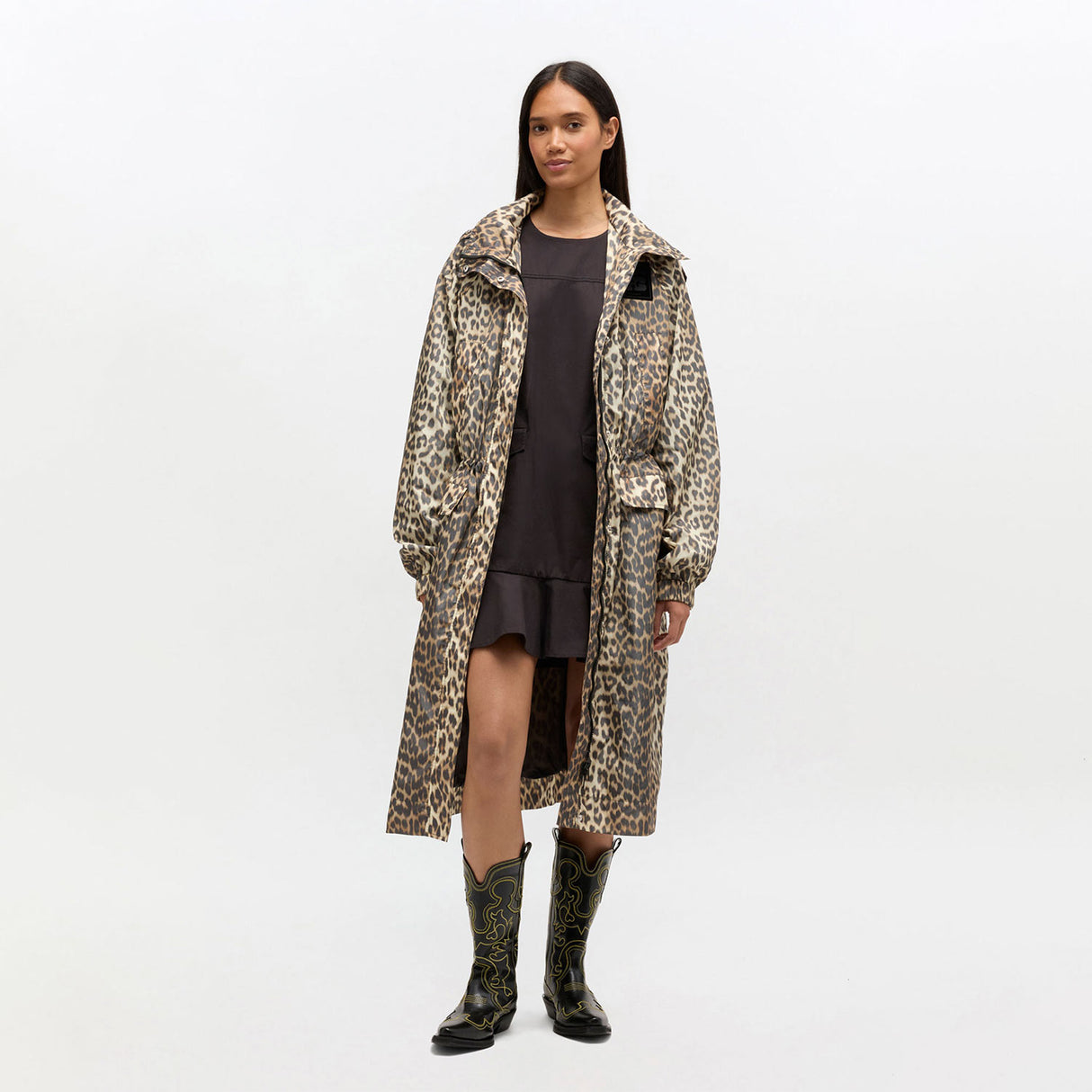 LEOPARD NYLON PARKA COAT, Almond Milk