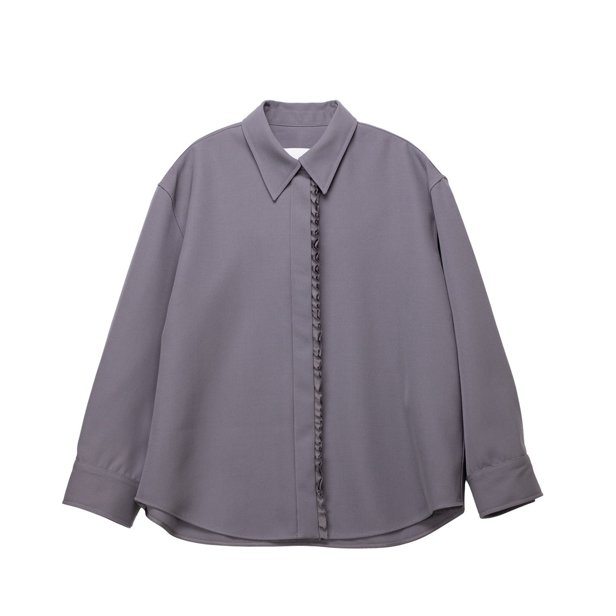 Gray shirt with ruffled front panel on a white background