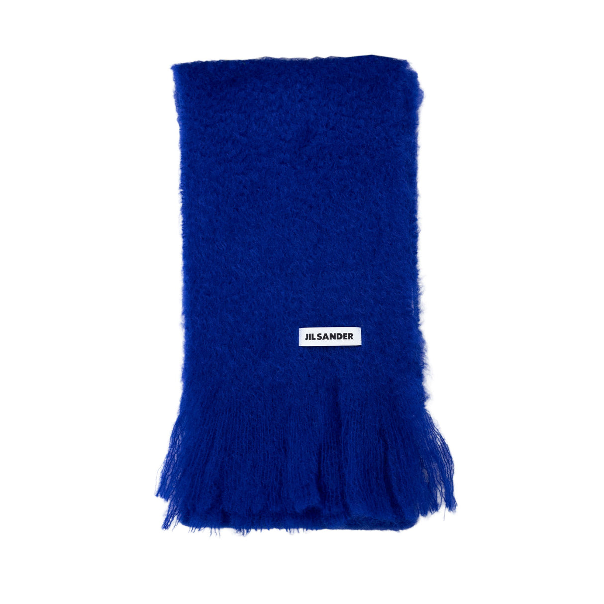 Blue scarf with 'Jil Sander' label on a white background