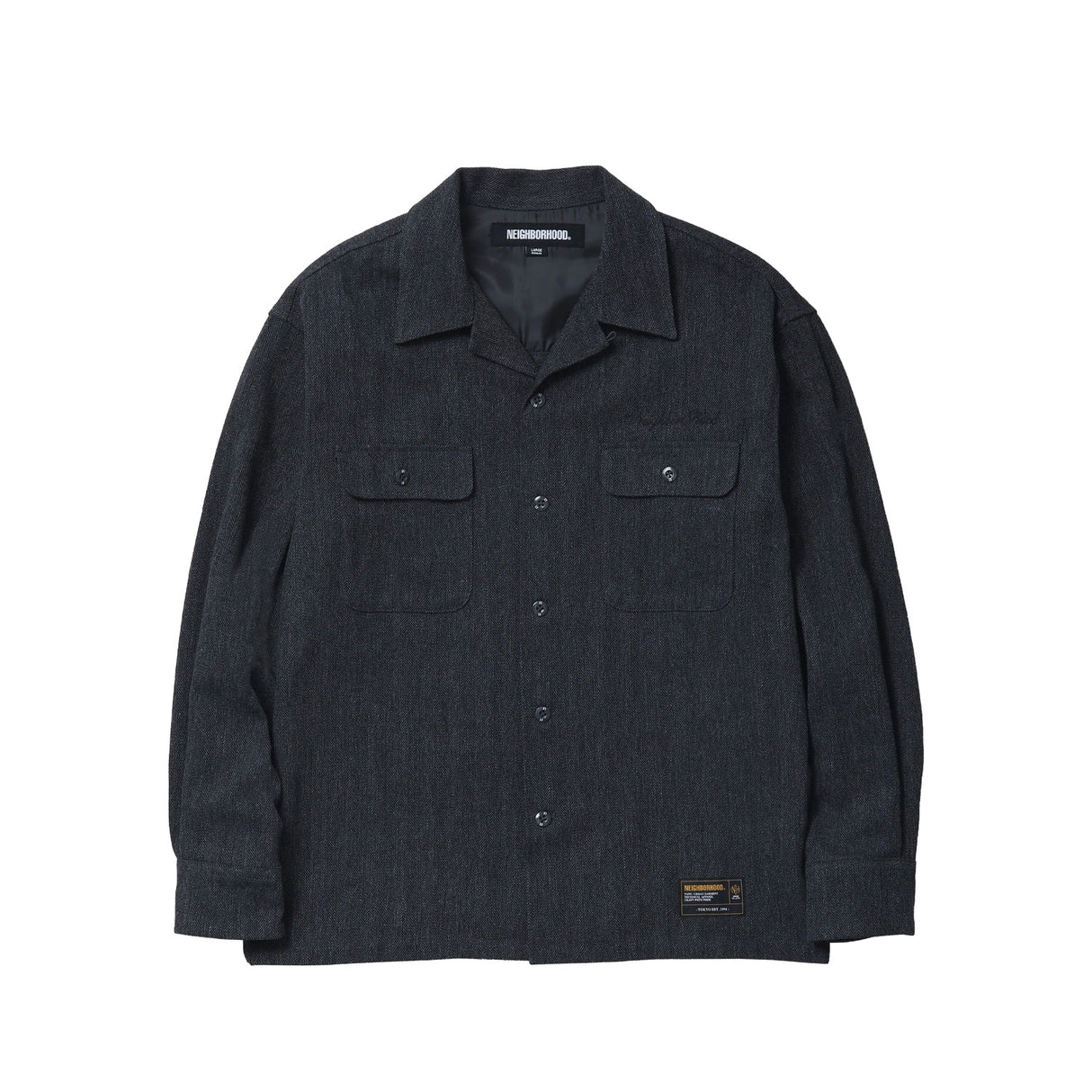 Neighborhood HERRINGBONE OPEN COLLAR SHIRT, Charcoal