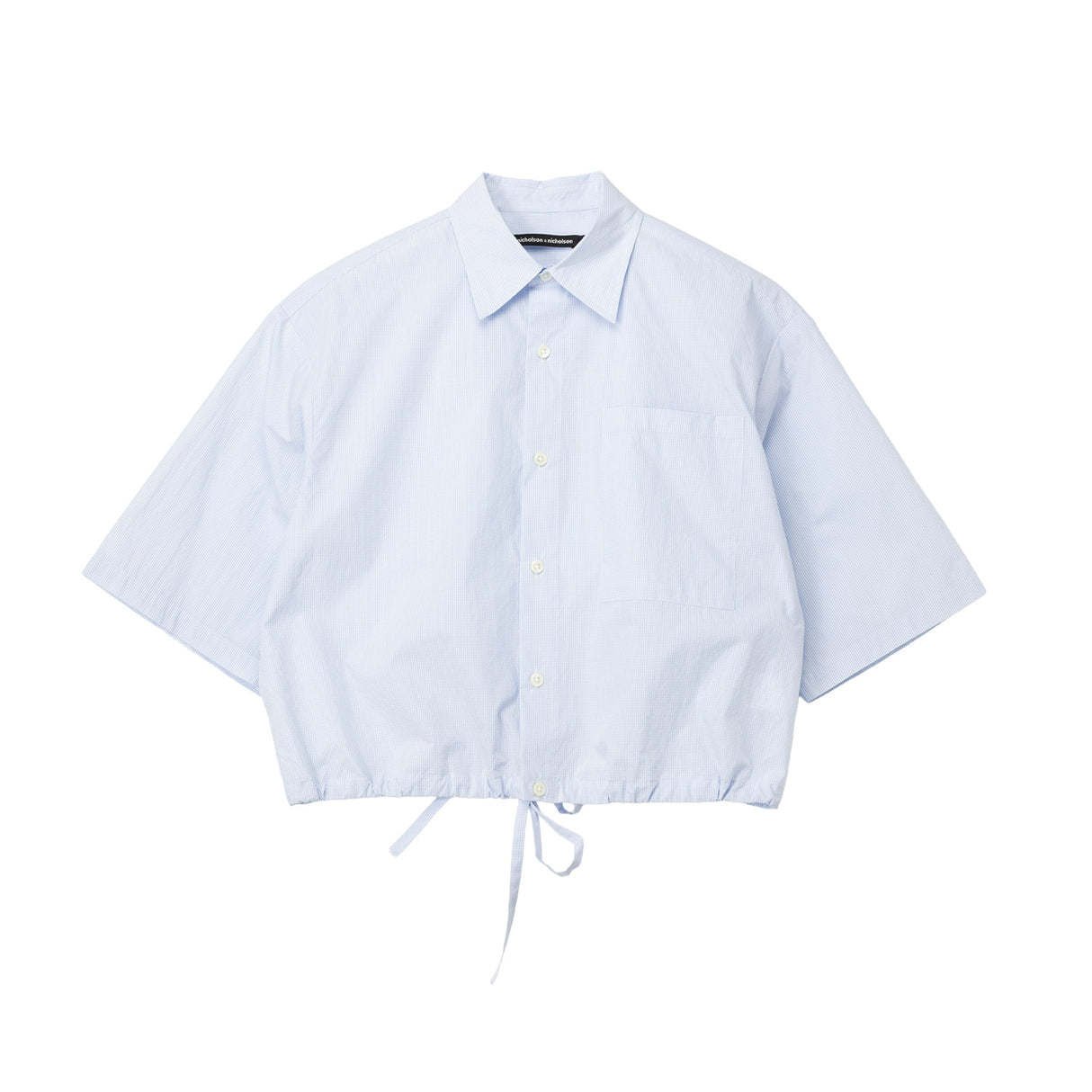 Light blue button-up shirt with a tie at the waist on a white background