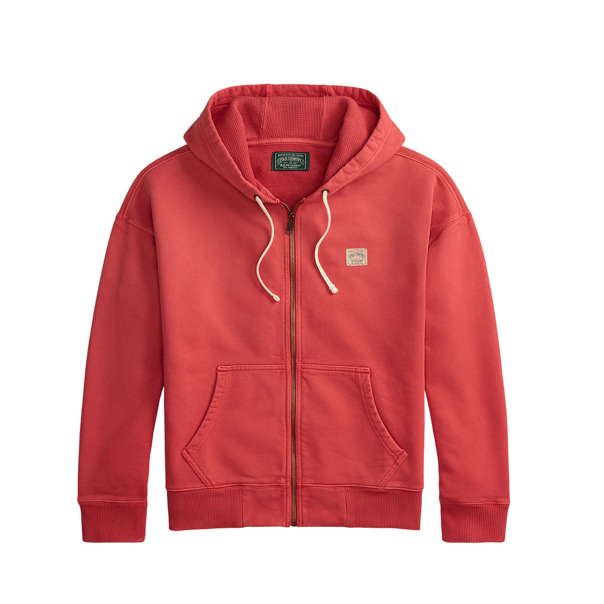 Red hoodie with a brand logo on a white background