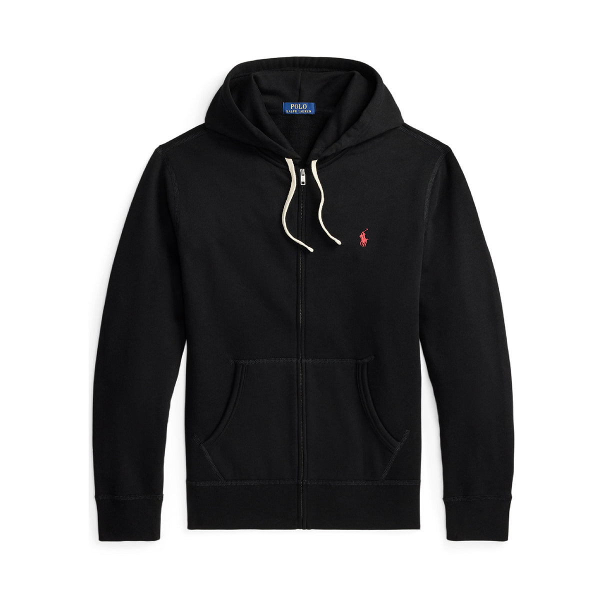 Black hoodie with a small red logo on a white background
