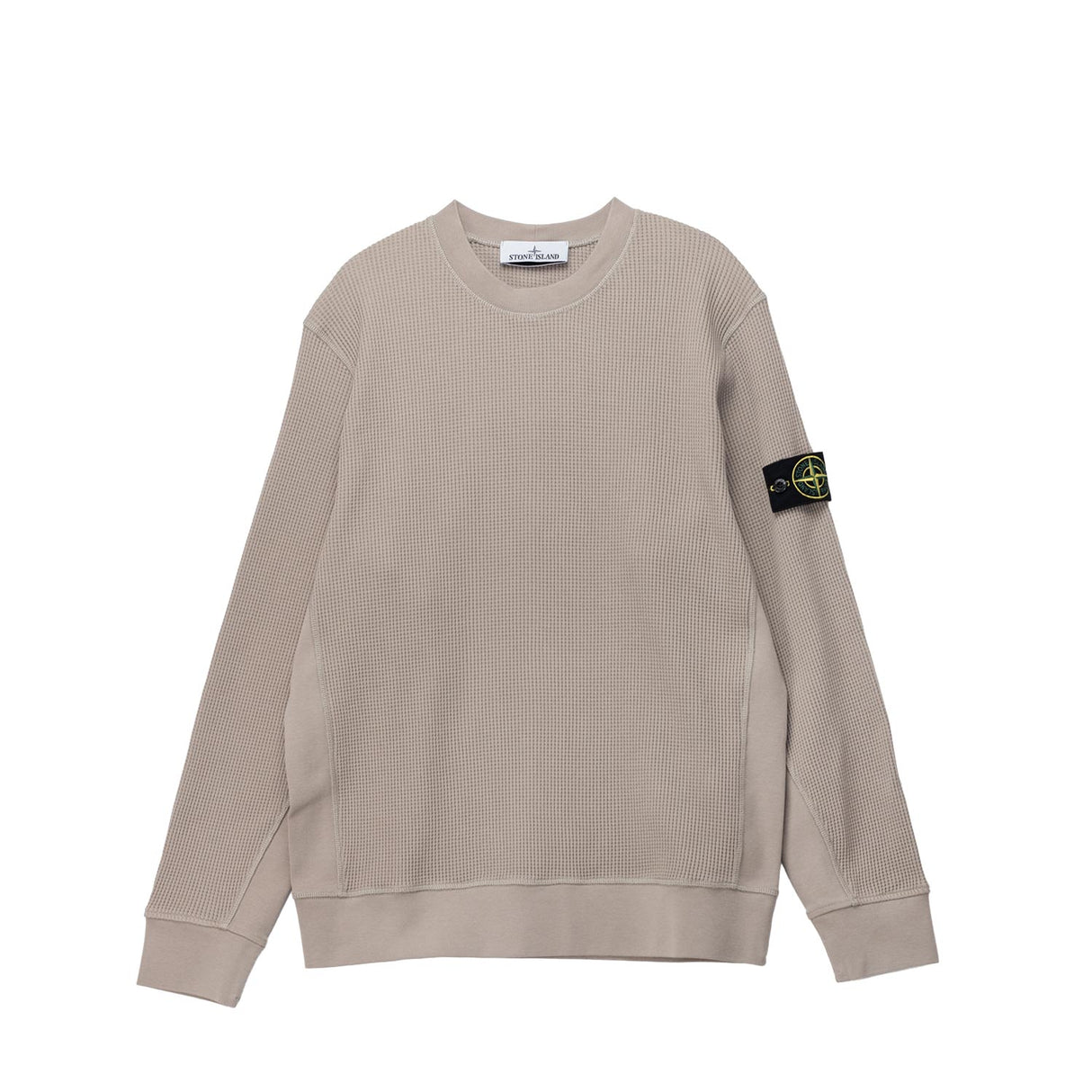 Beige sweatshirt with a brand logo on the sleeve against a white background