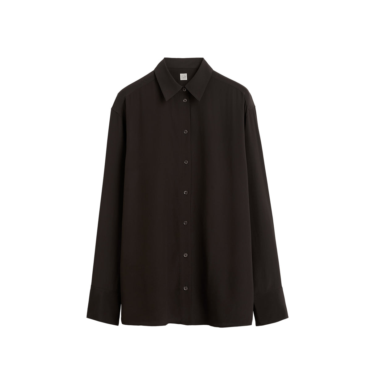 A black long-sleeve button-up shirt with a pointed collar, displayed flat against a solid white background.