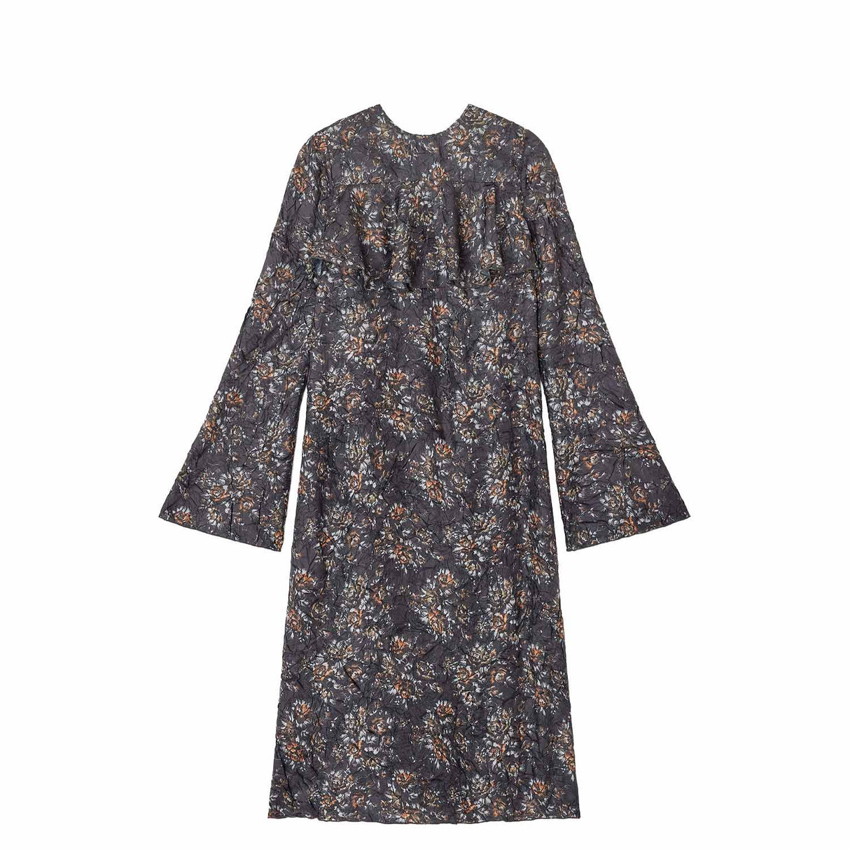 Ganni W0982 MIDI LONGSLEEVE RUFFLE DRESS, Black