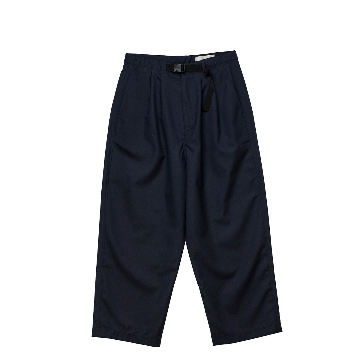 Dark blue pants with a belt on a white background