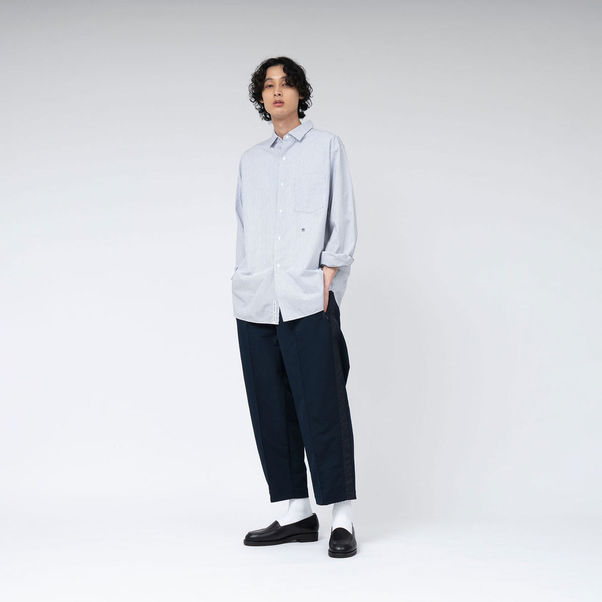 nanamica REGULAR COLLAR STRIPE WIND SHIRT, Sax