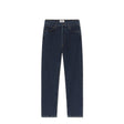 Dark blue denim on a white background.