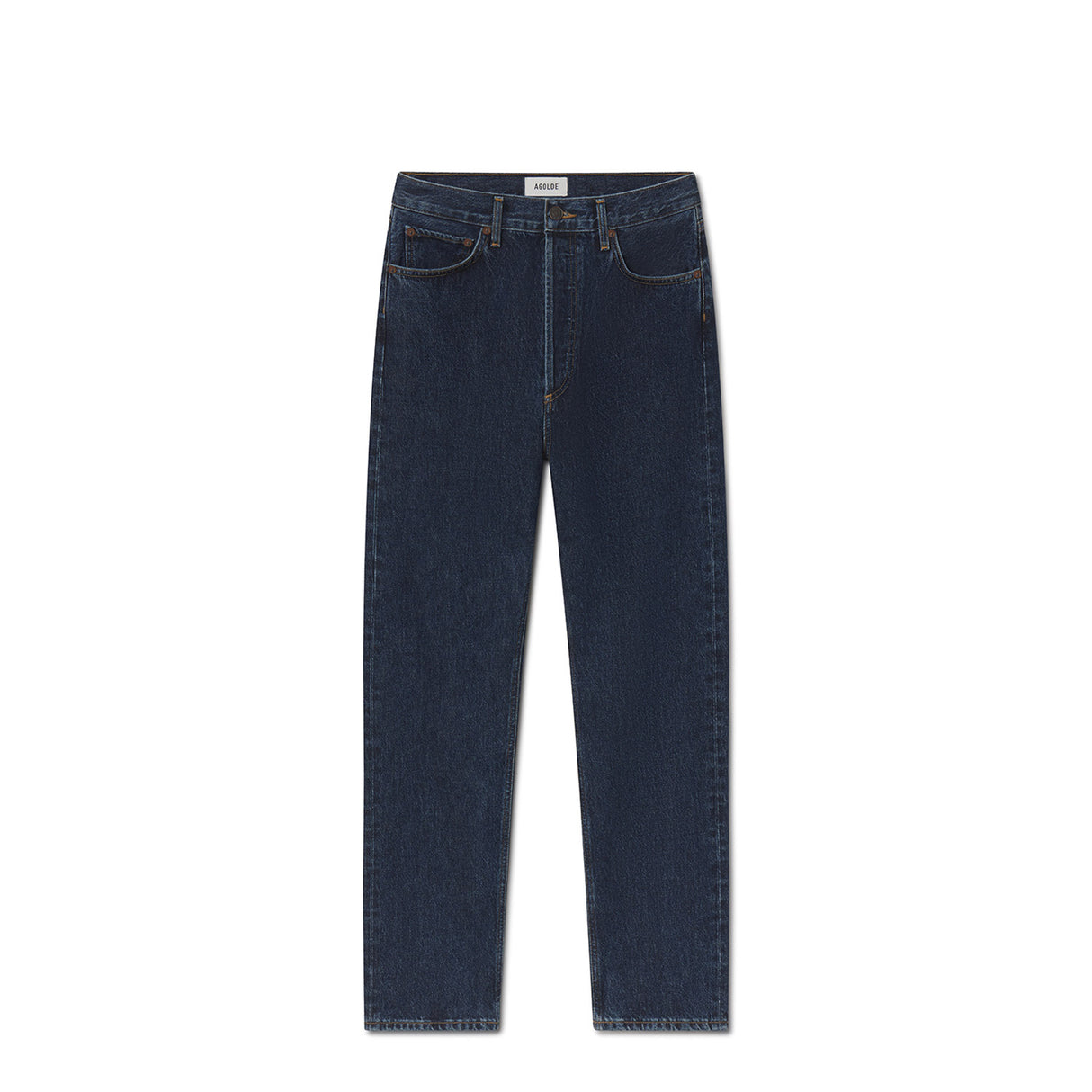 Dark blue denim on a white background.