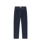 Dark blue denim on a white background.