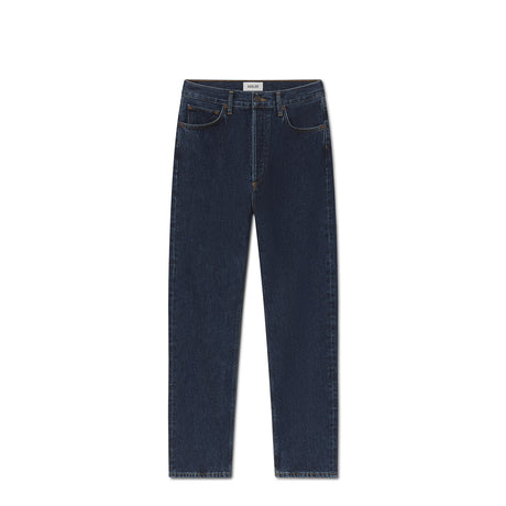 Dark blue denim on a white background.