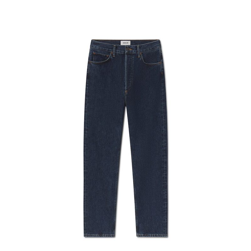 Dark blue denim on a white background.