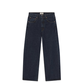 Pair of dark blue jeans on a white background
