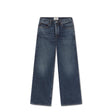 A pair of dark blue denim jeans with a straight-leg fit, shown flat against a plain white background.