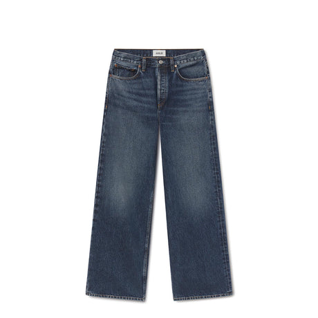 A pair of dark blue denim jeans with a straight-leg fit, shown flat against a plain white background.