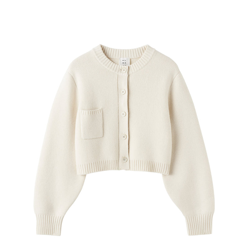 Cream-colored cardigan with a pocket on a white background