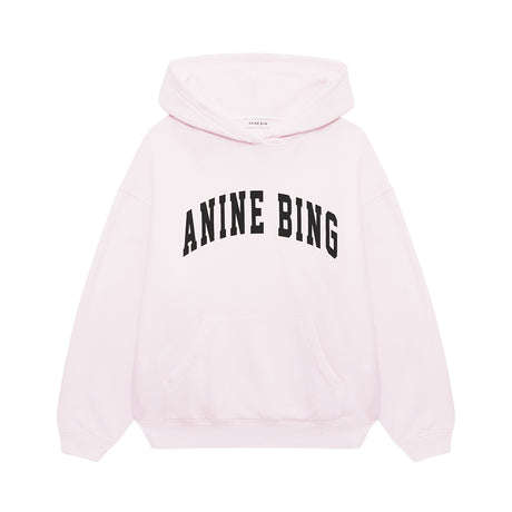 Pink hoodie with 'ANINE BING' text on a white background