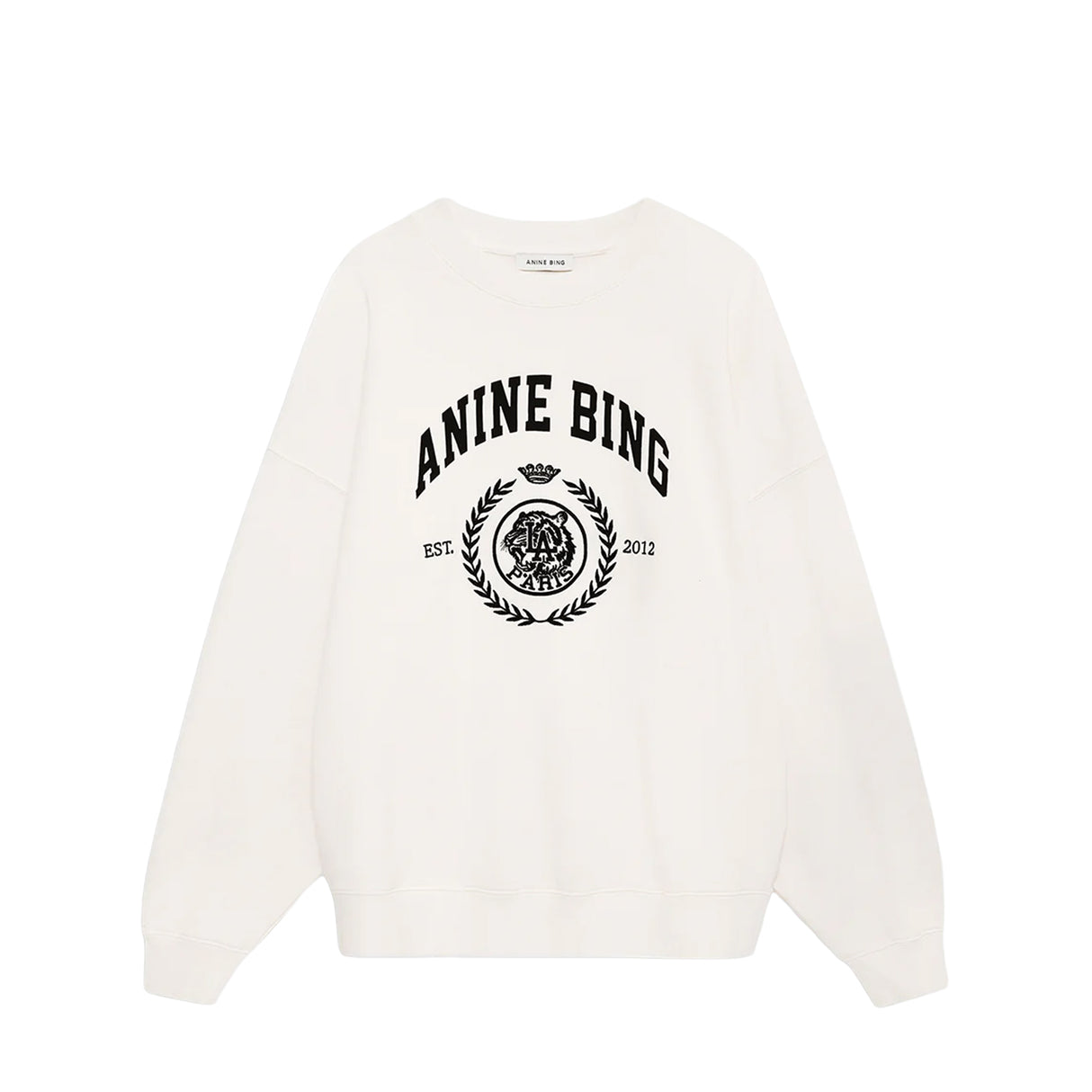 White sweatshirt with 'ANINE BING' logo on a white background