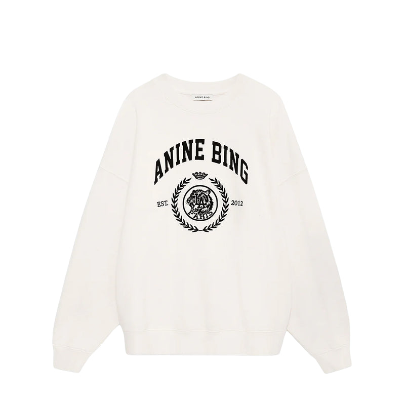 White sweatshirt with 'ANINE BING' logo on a white background