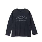 Black long-sleeve shirt with text on a white background