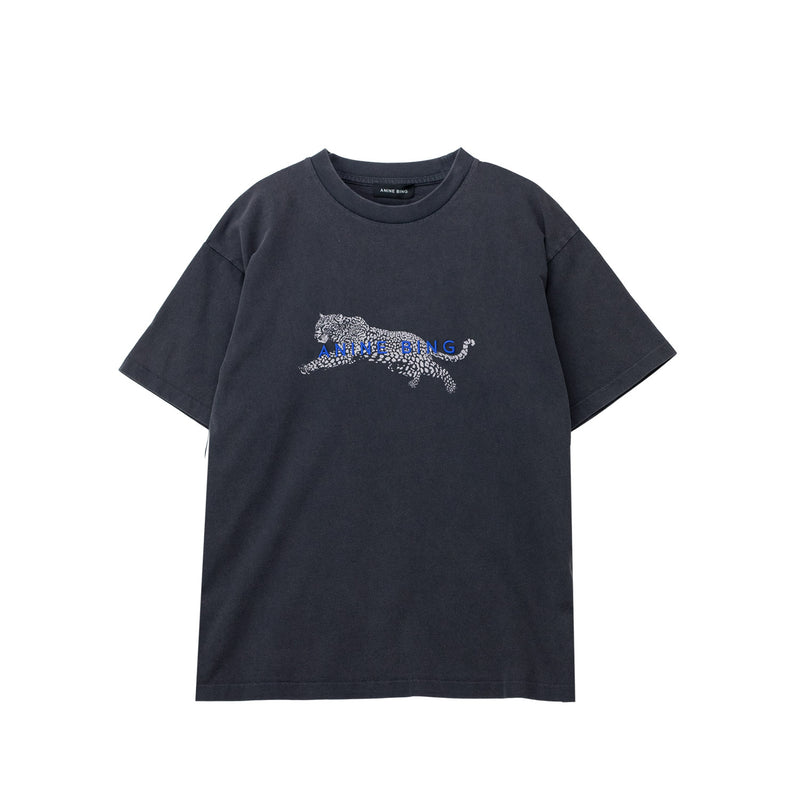 Black t-shirt with a graphic design on a white background