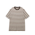 Striped t-shirt with brown and white horizontal stripes on a white background