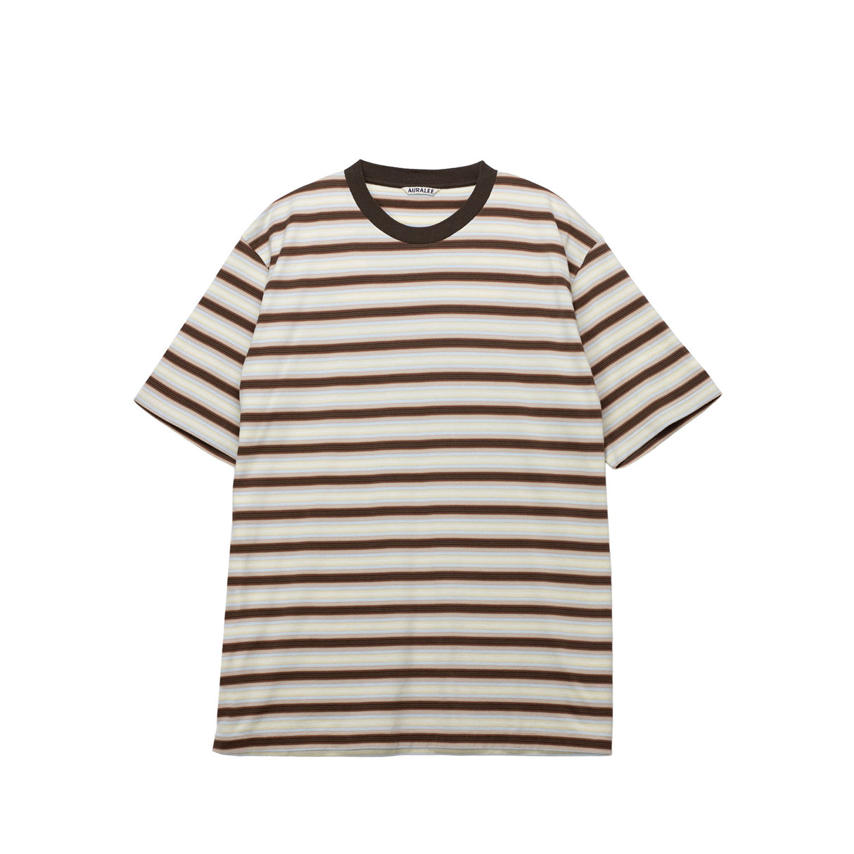 Striped t-shirt with brown and white horizontal stripes on a white background