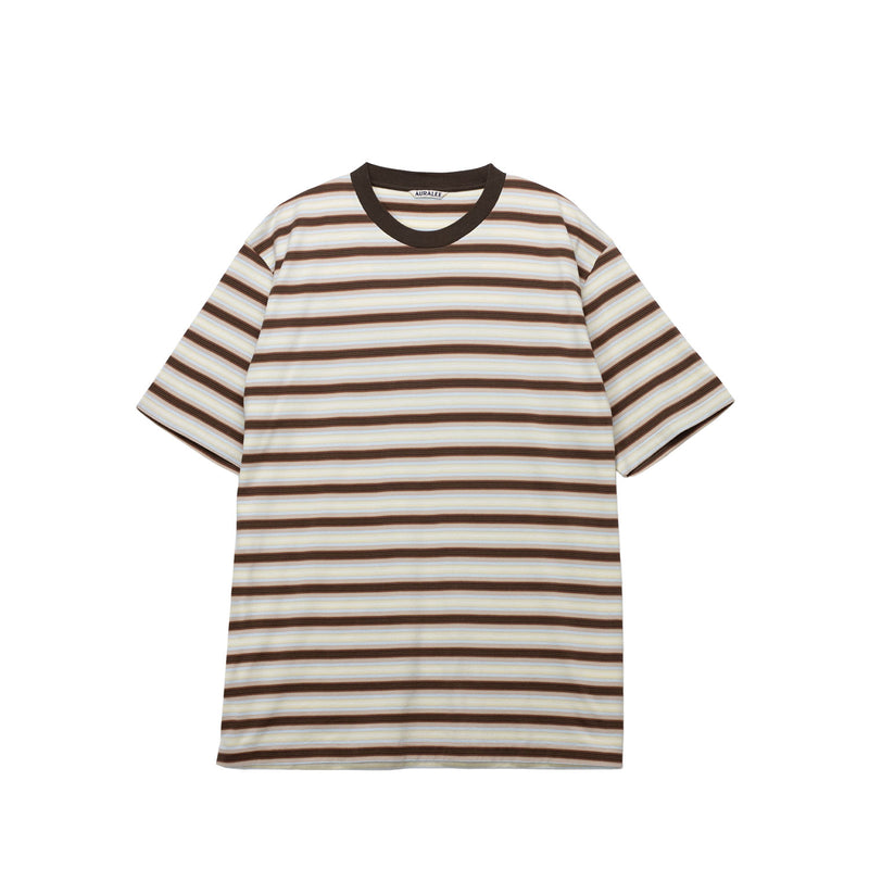 Striped t-shirt with brown and white horizontal stripes on a white background