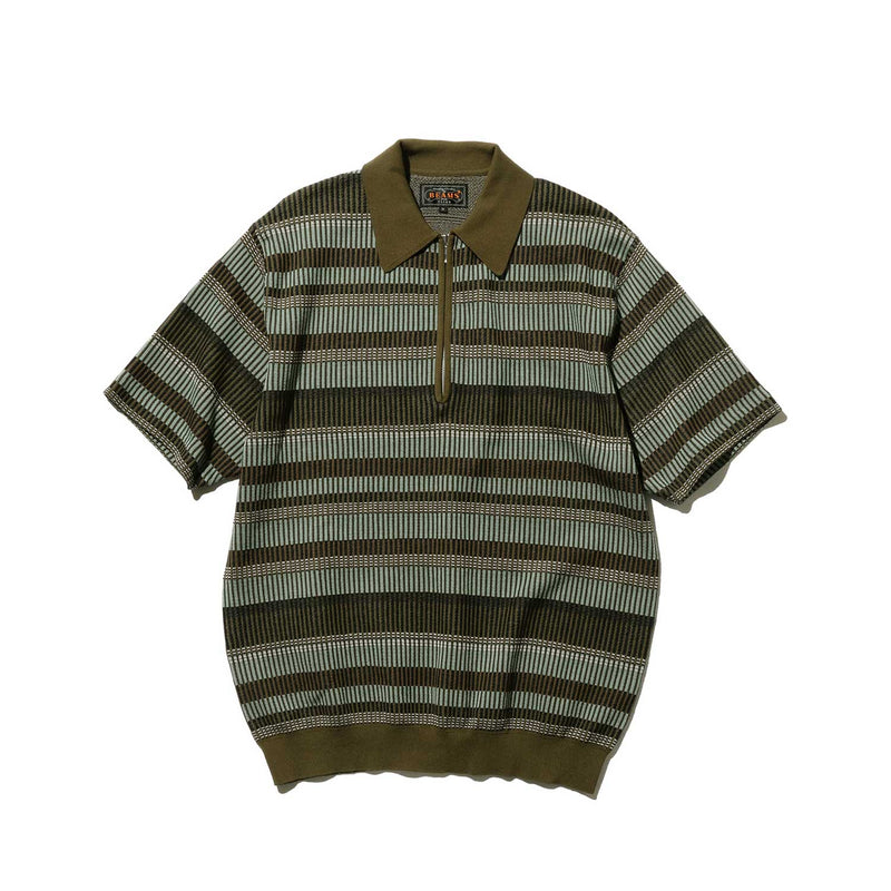 Beams+ HALF ZIP KNIT POLO, Olive