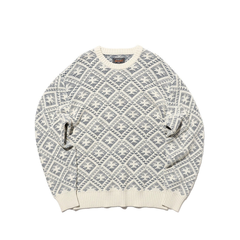 Beams+ CREW DOUBLE JACQUARD INDIGO YARN, White/Indigo